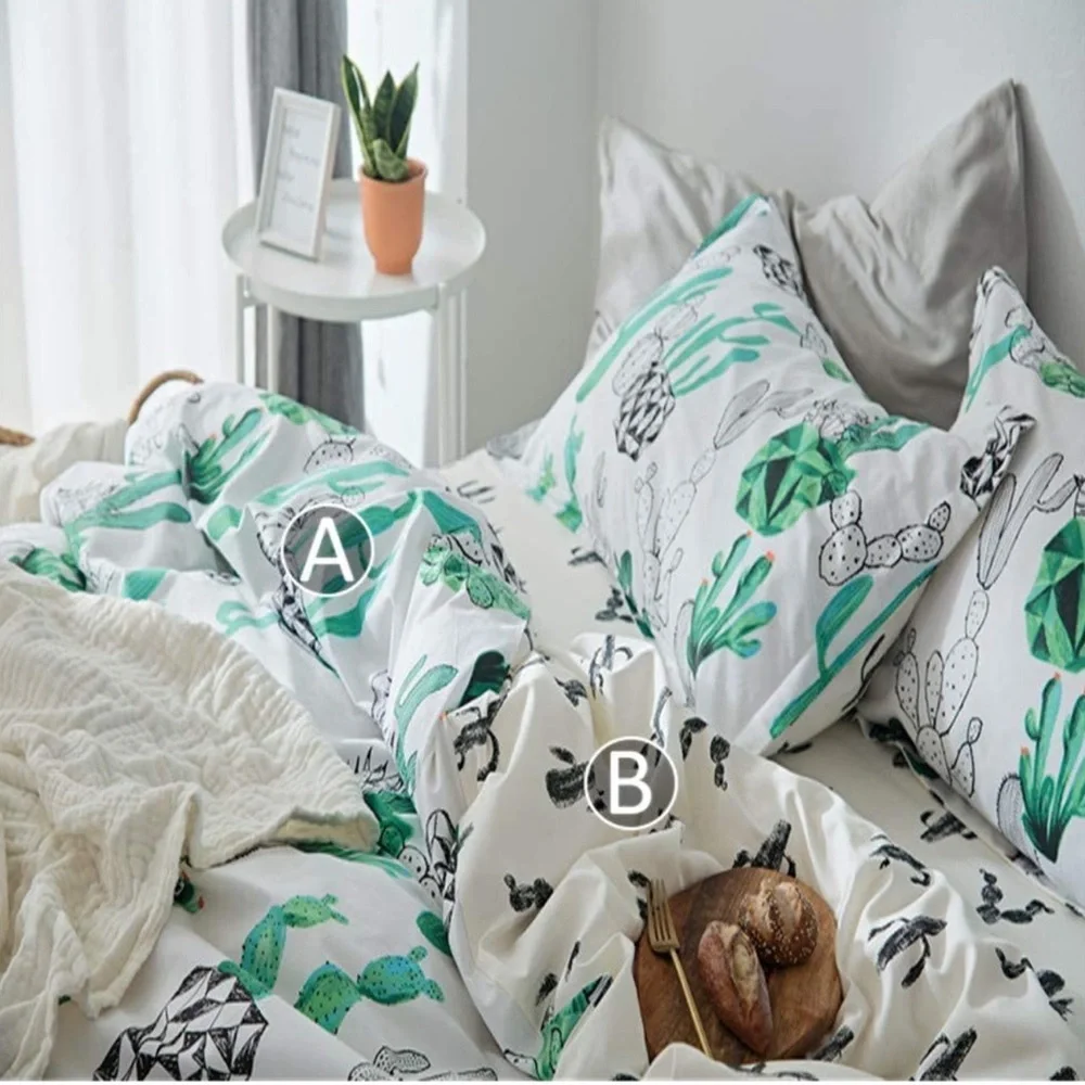 Cotton Twin Bedding Duvet Cover Sets Green Black Cactus Printed in White Ivory